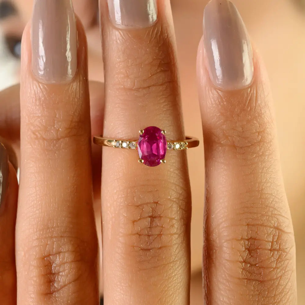 Oval Shape Ruby & Round Cut Diamond Simple Design Engagement Ring 14K Yellow Gold