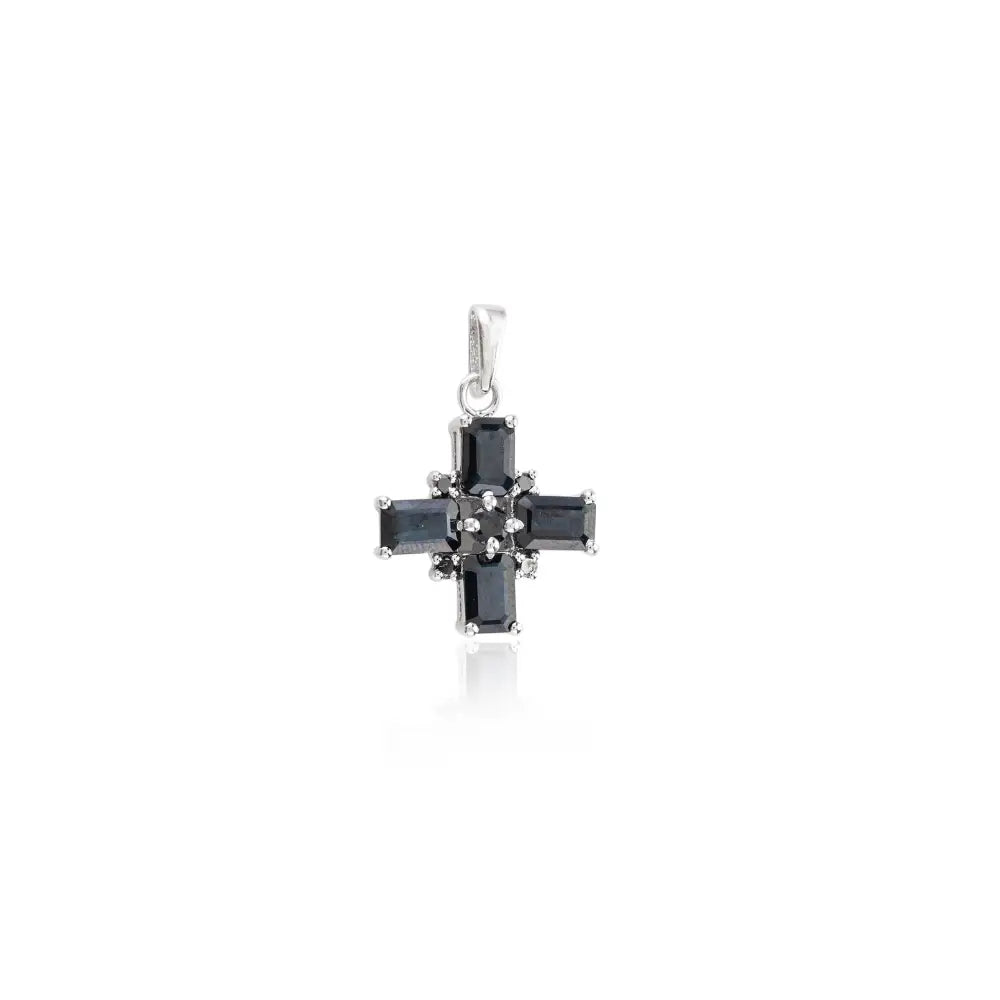 September Birthstone Real Blue Sapphire & Black American Diamond Cross Pendant In Prong Setting