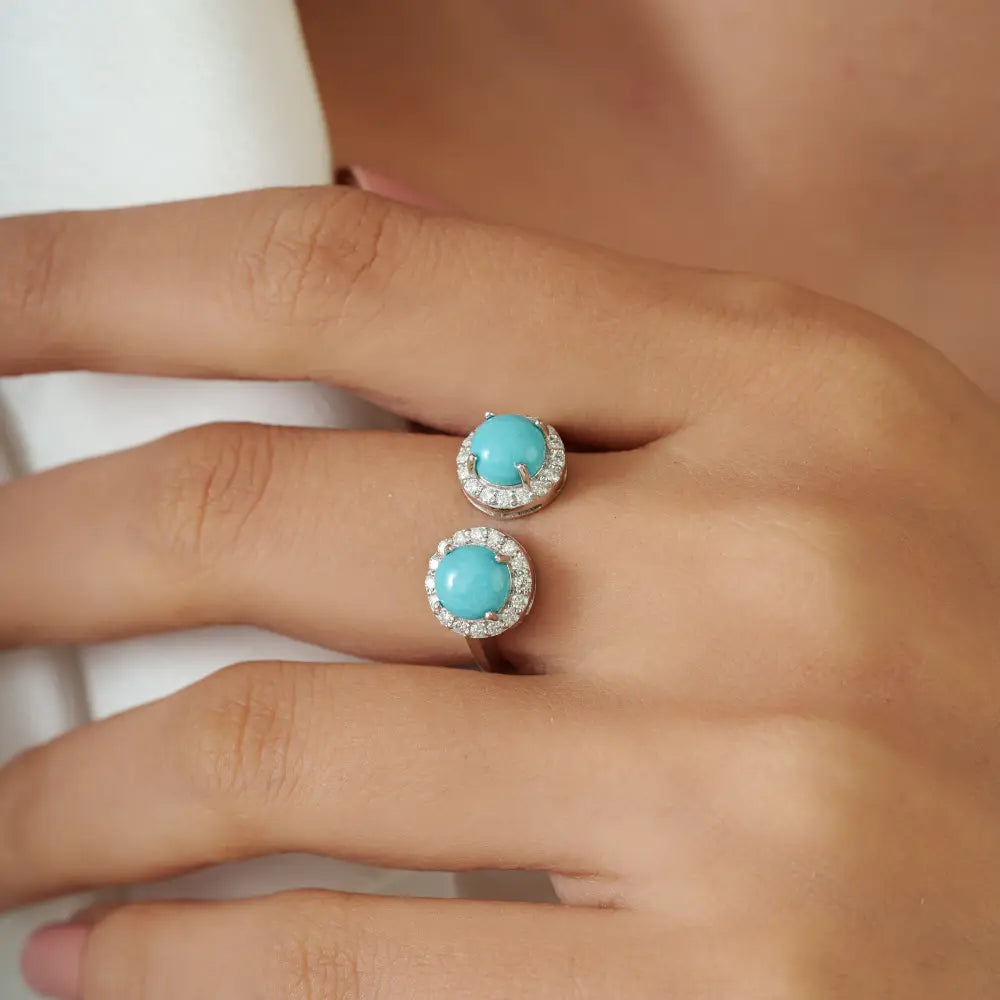 New Trendy Turquoise & Diamond Statement Open Halo Ring 14K White Gold Gemstone Jewelry