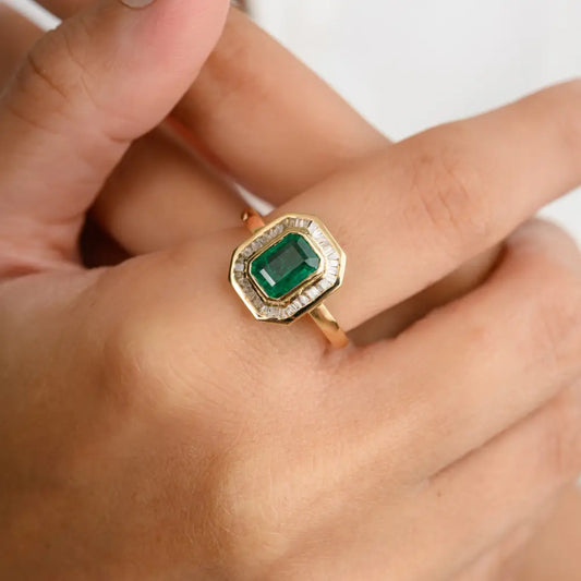 Octagon Shape Natural Emerald & Diamond 18K Yellow Gold Handmade Ring