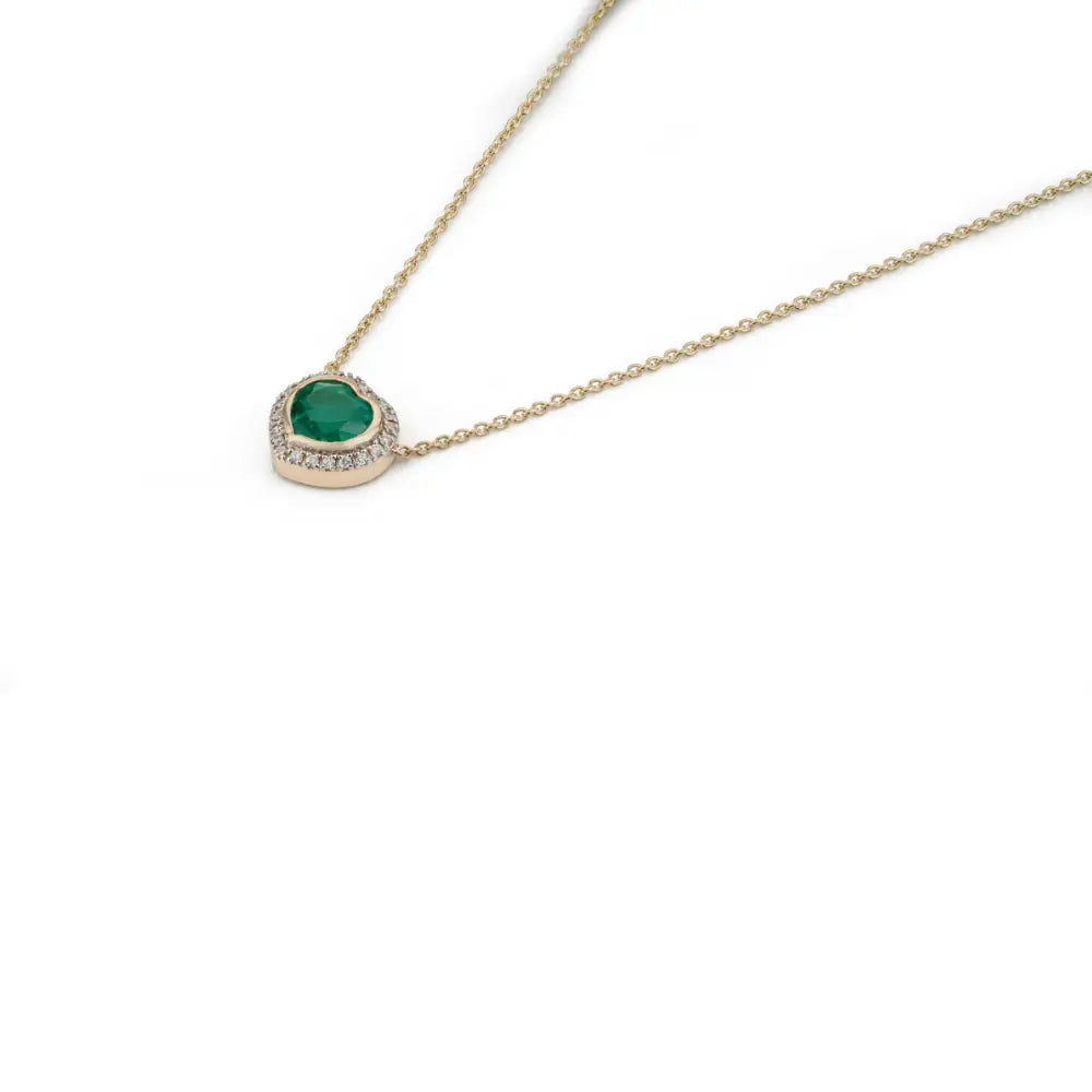 Handcrafted Design 14K Yellow Gold Emerald & Diamond Heart Shape Halo Pendant Necklace
