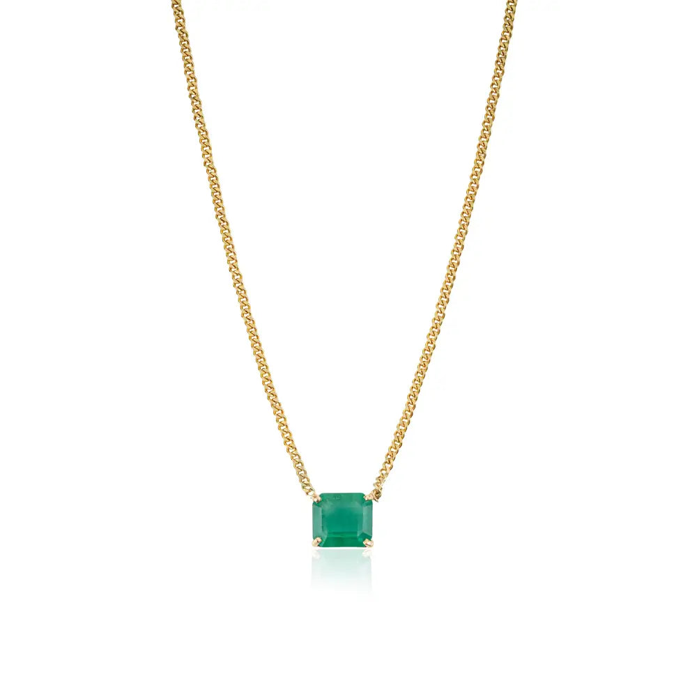 Square Cut Emerald Curb Link Chain Solitaire Gemstone Pendant Necklace Fine 14K Gold Jewelry