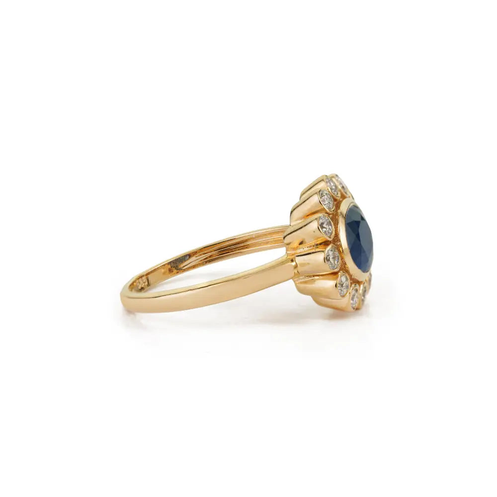 Floral Inspired Blue Sapphire & Diamond East West Cluster Ring Real K14 Yellow Gold Fine Jewelry