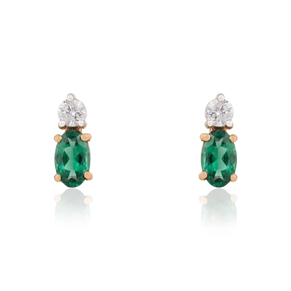 Minimalist Design Emerald & Diamond Small Stud Earrings 14K Yellow Gold Daily Wear Jewelry