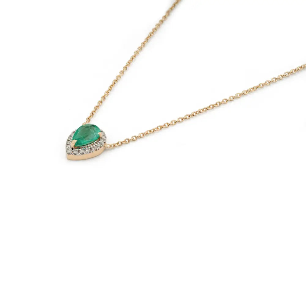 Pear Cut Emerald & Diamond Fine Minimalist Solitaire Halo Pendant Necklace 18K Yellow Gold