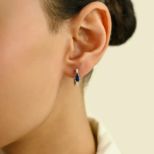 Simple 5x3 mm Pear Blue Sapphire & Diamond Small Hoop Earrings For Women 18K White Gold