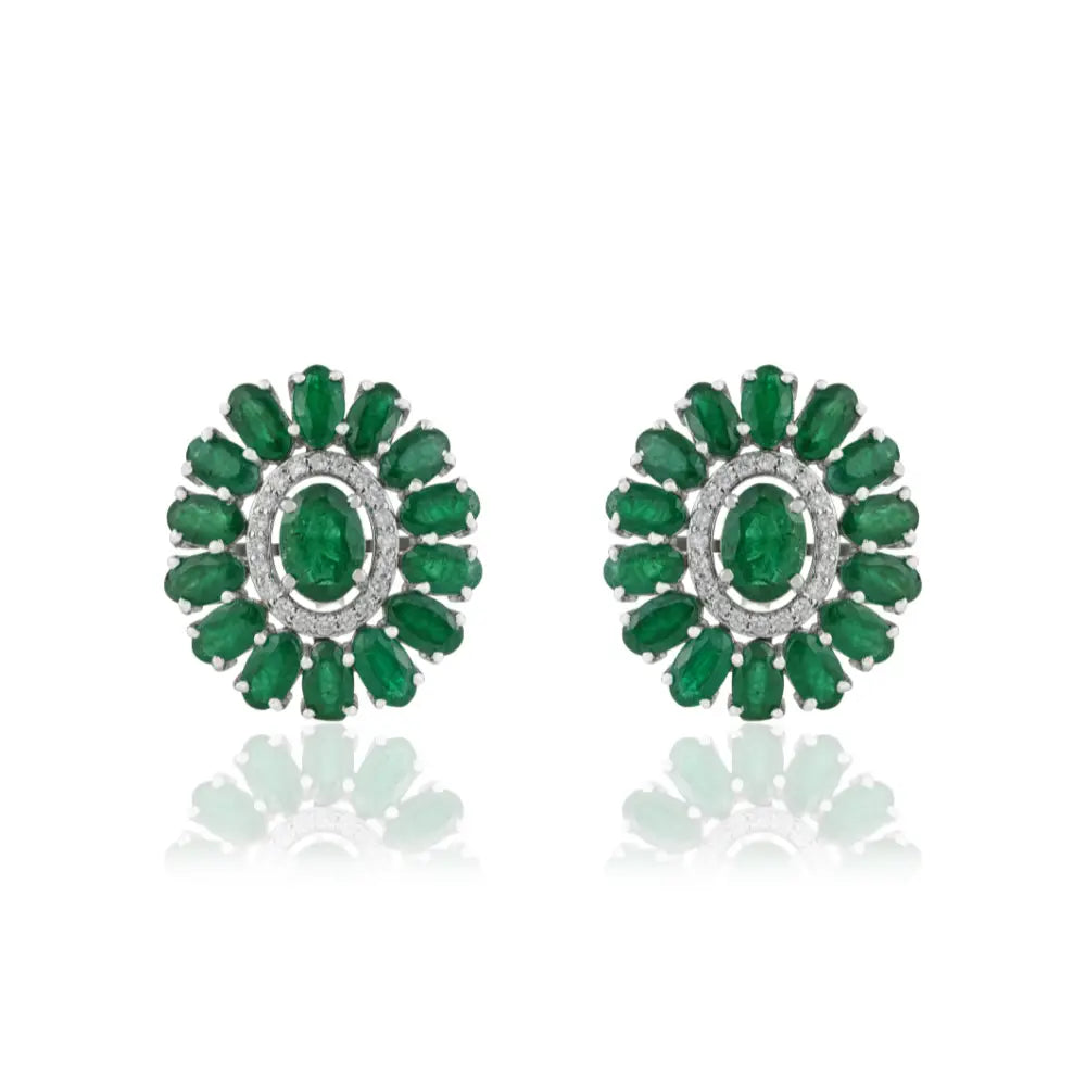 Floral Inspired Zambian Emerald & Diamond Halo Statement Stud Earrings 14K White Gold