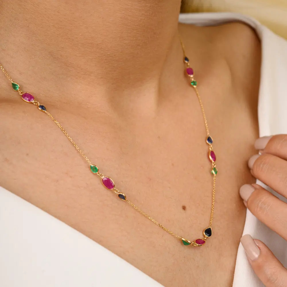 Birthstone Jewelry Emerald, Ruby, Sapphire 18K Yellow Gold Long Chain Necklace