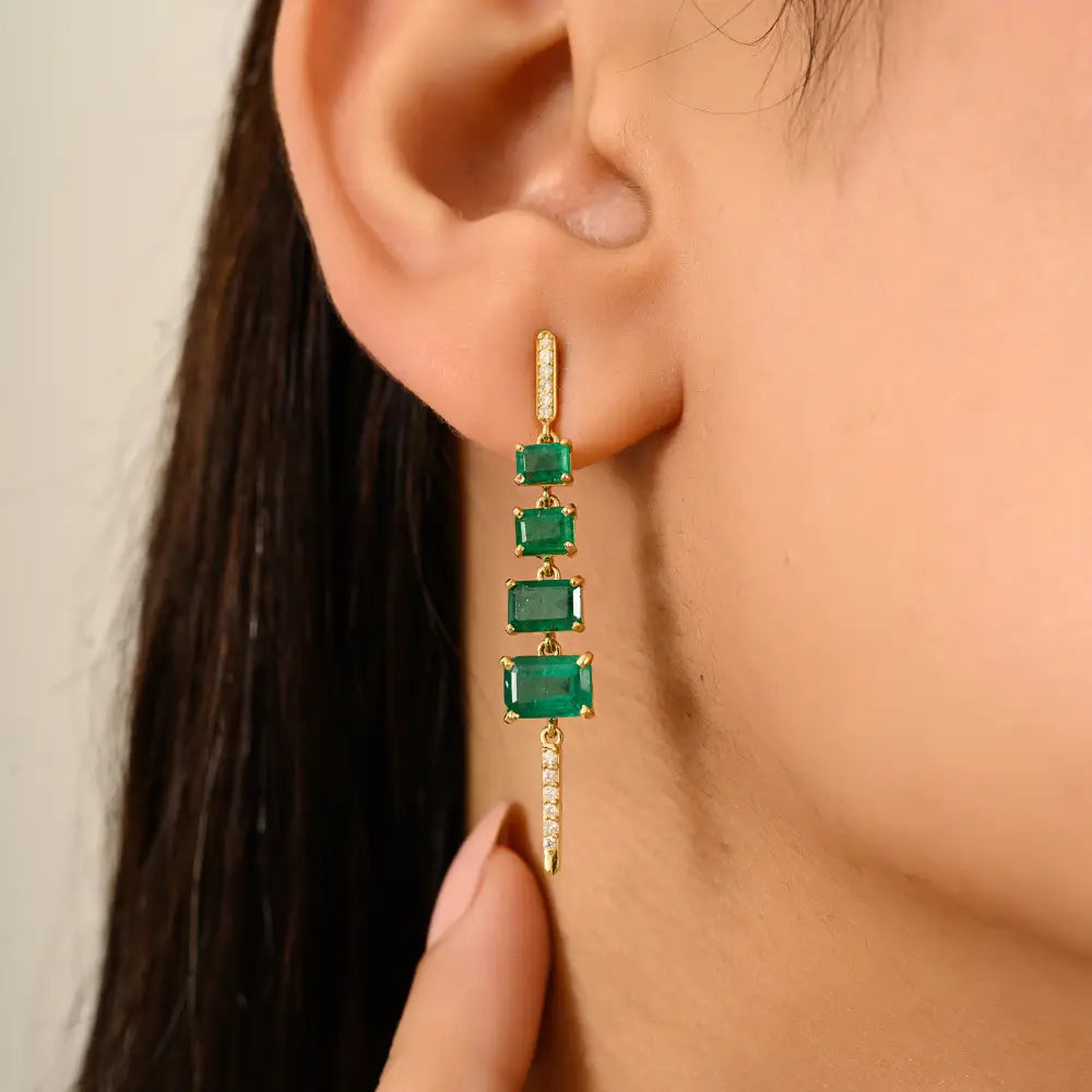 K14 Gold Graduated Set Gemstone Emerald & Diamond Women Handmade Dangle Earrings