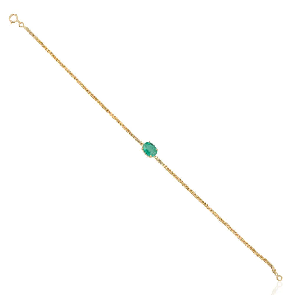 100% Natural Zambian Emerald K14 Yellow Gold Cuban Link Chain Single Stone Bracelet