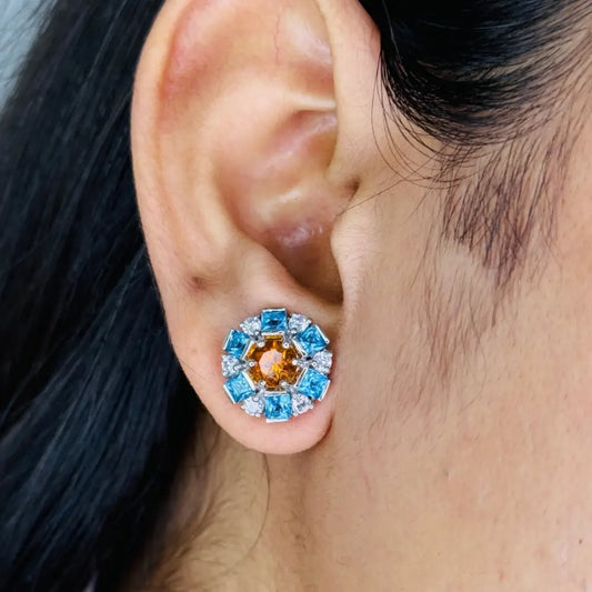 High Grade Jewelry Blue Topaz Citrine & American Diamond Round Stud Earrings Factory Price