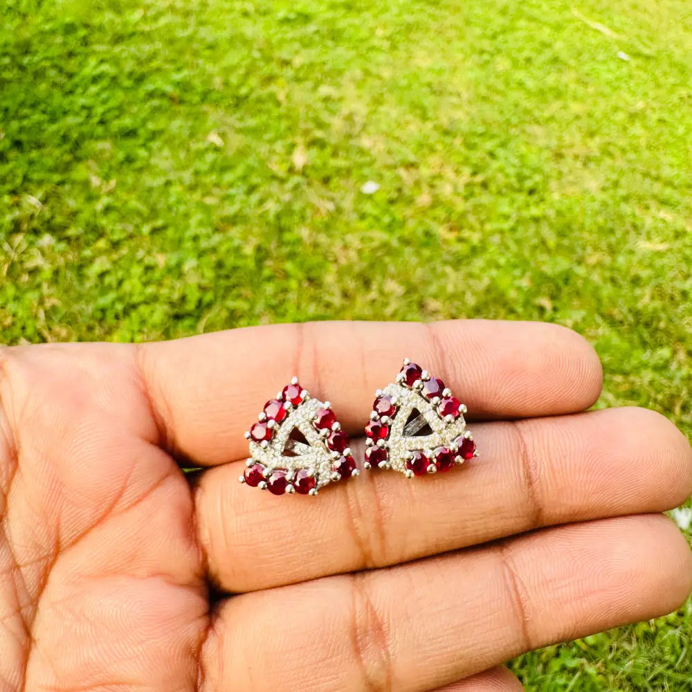 Top Quality Products Natural Round Cut Ruby & American Diamond Trillion Shape Stud Earrings For Valentine's Day Gift