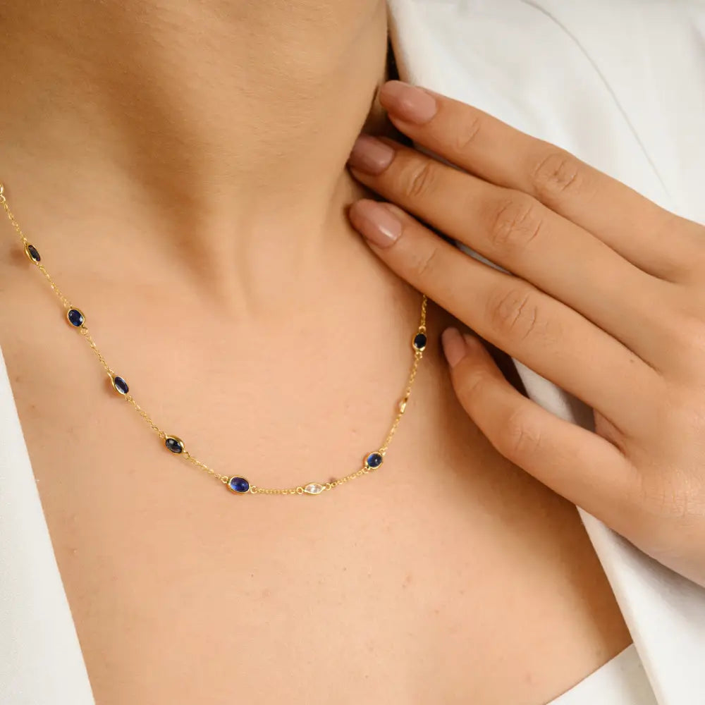 Simple Design Stackable Blue Sapphire & Diamond Station Necklace For Women 18K Gold