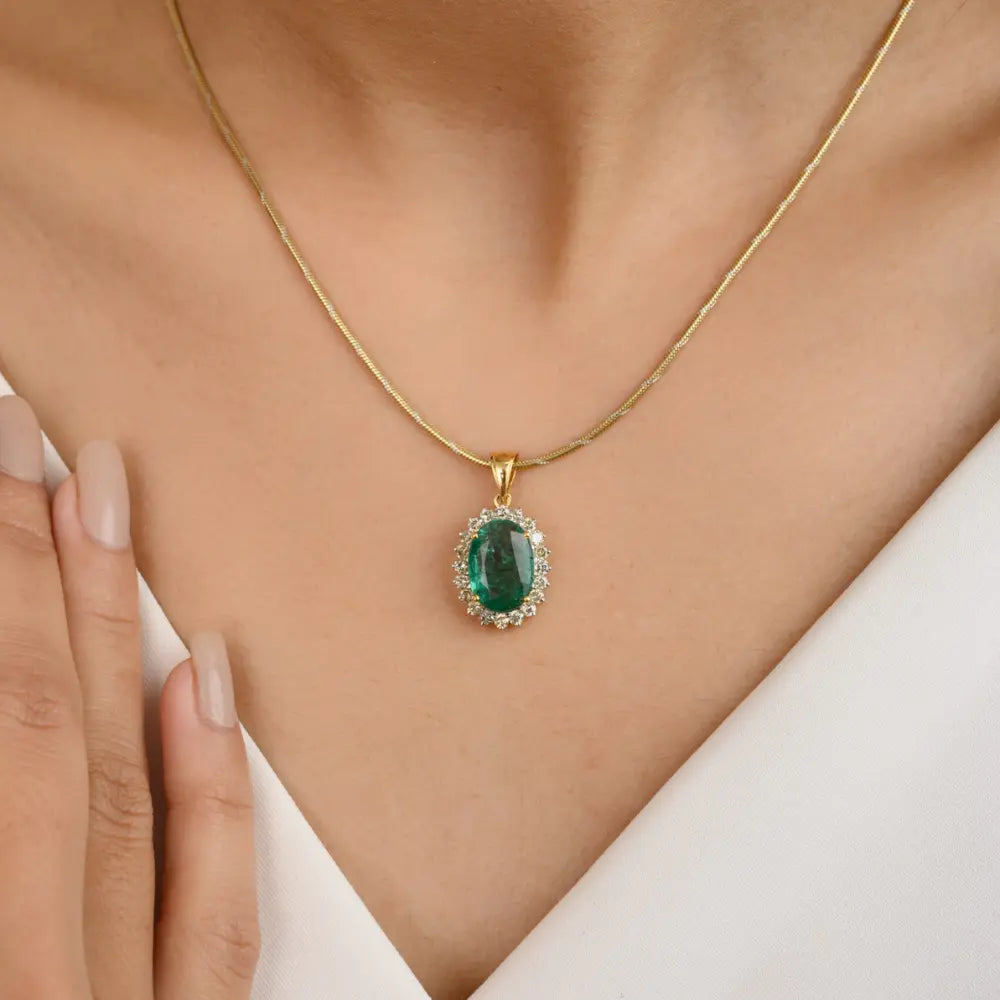 Natural Oval Cut Emerald & Round Diamond 14K Yellow Gold Pendant