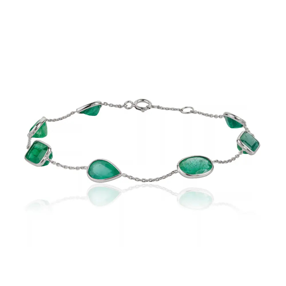 Mixed Shape Emerald Stone Solid K14 White Gold Station Bracelet Precious Jewelry Supplier