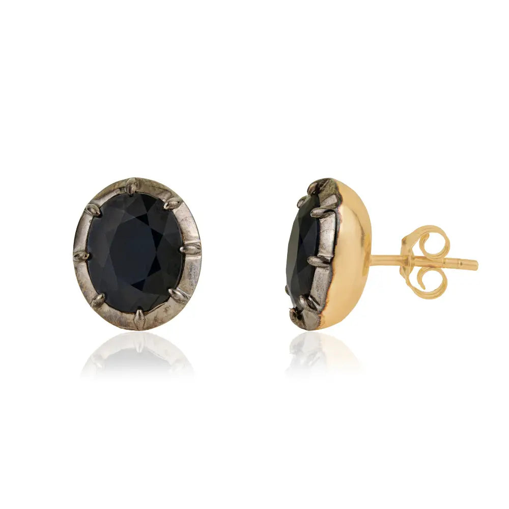 Solid 14K Yellow Gold Blue Sapphire Black Rhodium Plated Solitaire Stud Earrings Fine Jewelry