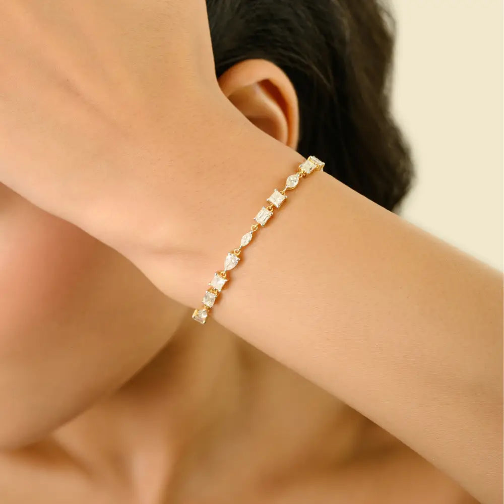 Mixed Shape Diamond 18K Solid Yellow Gold Prong Set Tennis Bracelet Designer Jewelry