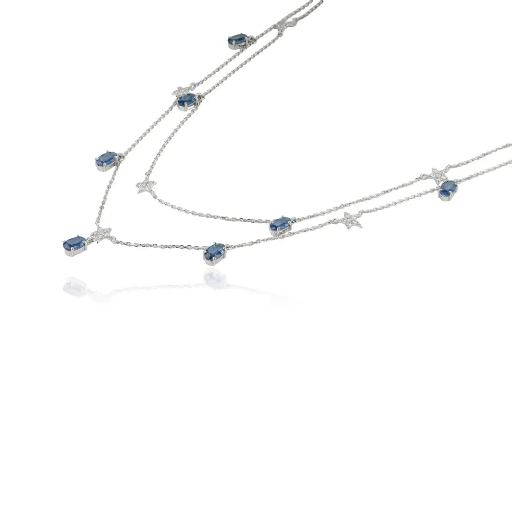 Beautiful Design Solid K14 White Gold Blue Sapphire & Diamond Double Layer Charm Necklace Wedding Jewelry