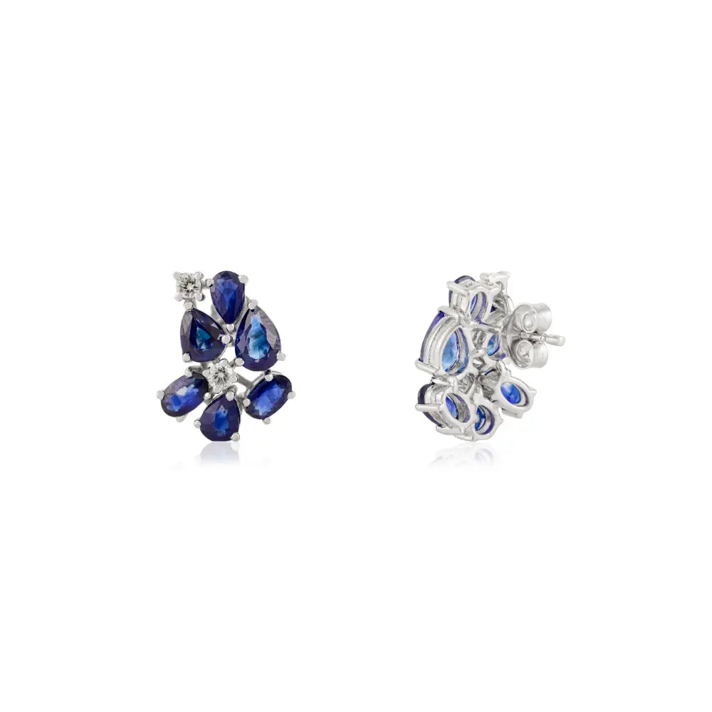 Prong Set Blue Sapphire & Diamond Real 14K White Gold Unique Design Statement Stud Earrings