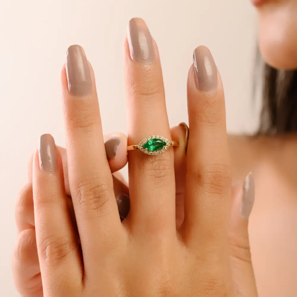 Marquise Shape Emerald & Round Cut Diamond Solitaire Halo Ring Solid K14 Yellow Gold