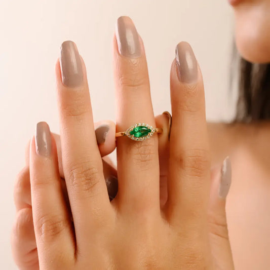 Marquise Shape Emerald & Round Cut Diamond Solitaire Halo Ring Solid K14 Yellow Gold