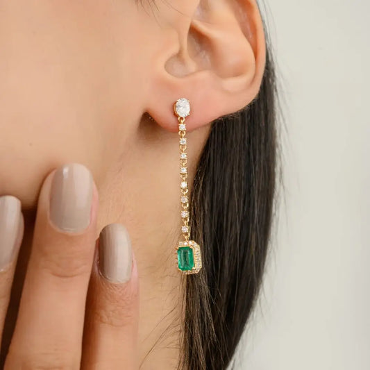 Long Solid K18 Yellow Gold Emerald & Diamond Dangle & Drop Earrings