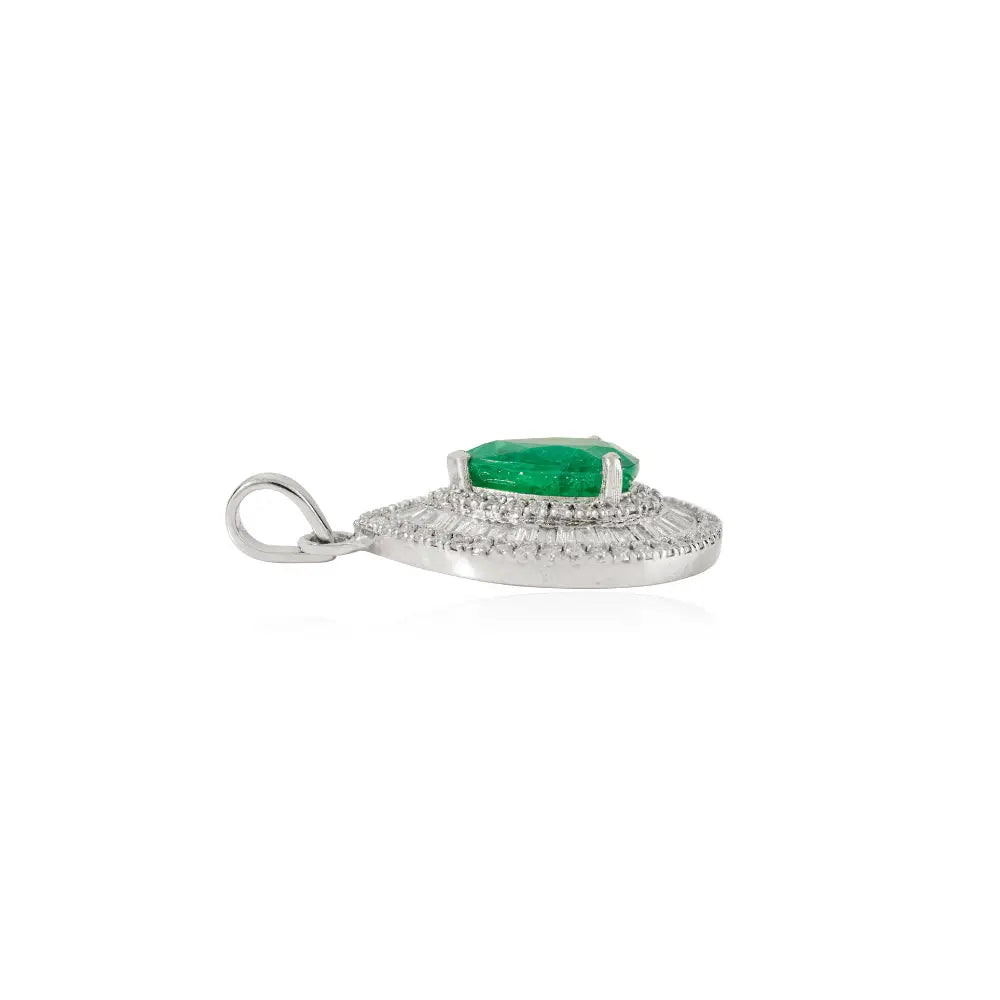 Luxurious Emerald & Diamond Statement 14K White Gold Bold Pendant Wedding Jewelry