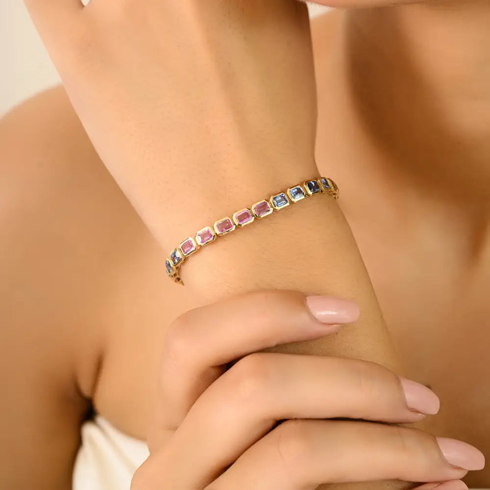 Colorful Gemstone Multi Sapphire 14K Solid Yellow Gold Tennis Bracelet Stack Jewelry