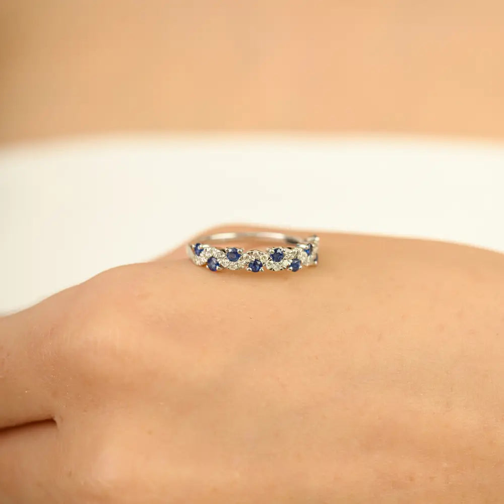 Round Cut Blue Sapphire & Diamond Wavy Shape Half Eternity Band Ring 14K Gold Jewelry