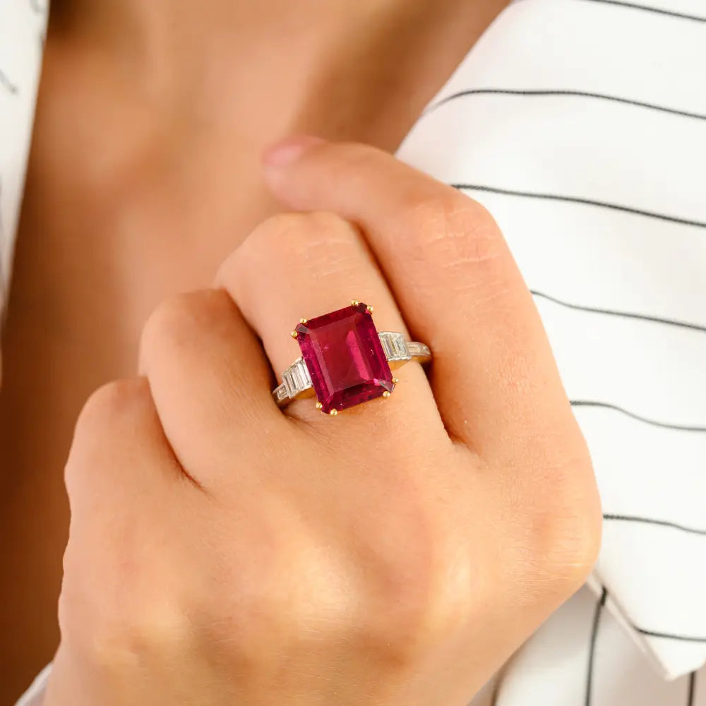 Pink Tourmaline & Diamond Double Prong Setting Wedding Ring Authentic 14K Yellow Gold