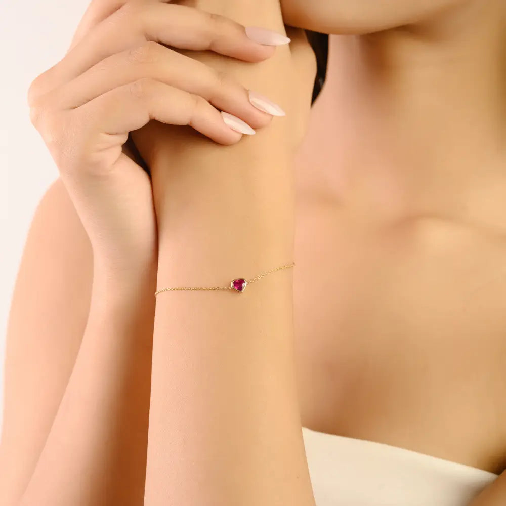 Minimalist Trendy Heart Shape Ruby Bezel Set Solitaire Chain Bracelet 14K Yellow Gold Jewelry