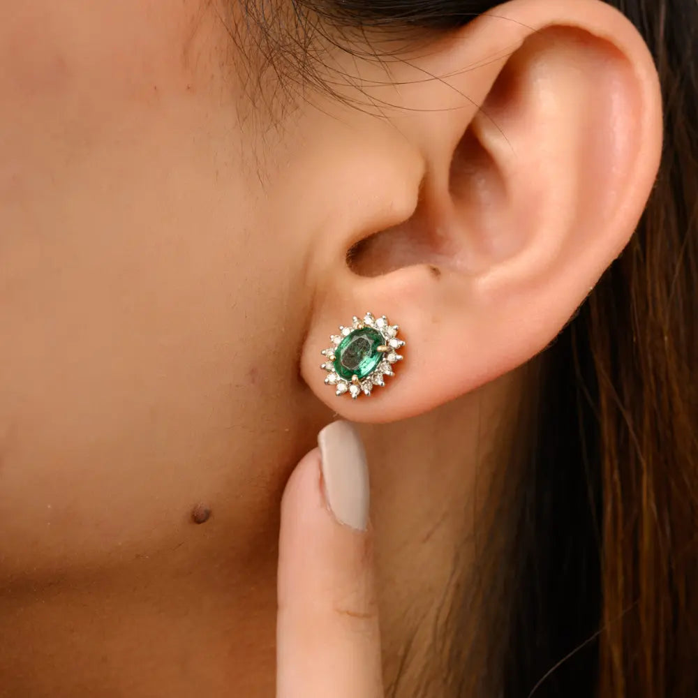 New Arrivals Natural Emerald & Diamond 14K Solid Yellow Gold Stud Earrings