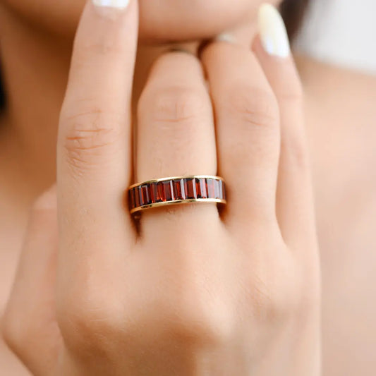 Handcrafted Jewelry Natural Garnet 18K Solid Yellow Gold Full Eternity Band Ring