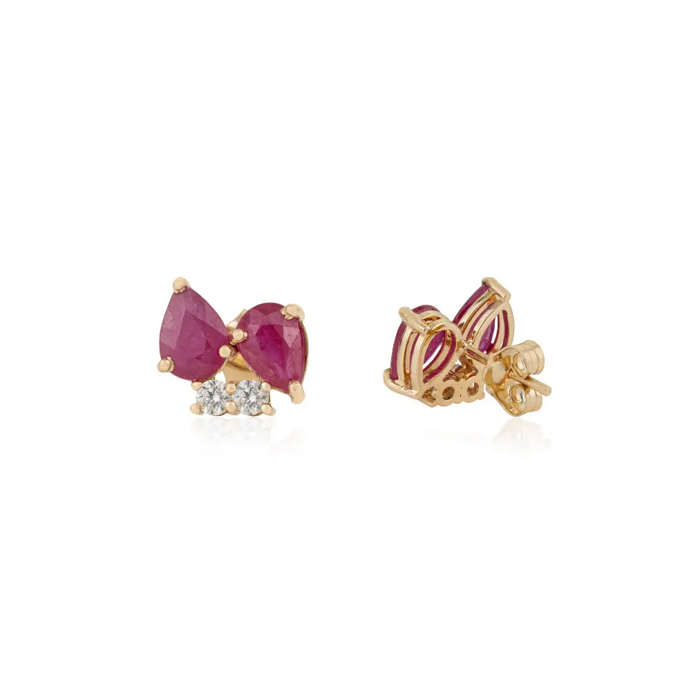 Latest Design Ruby & Diamond Small Gemstone Stud Earrings 14K Real Yellow Gold Fine Jewelry