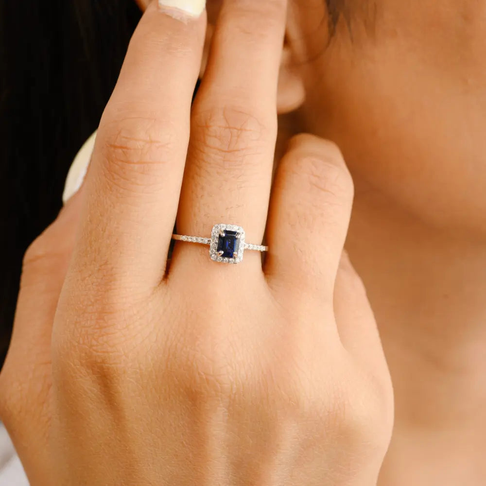 Genuine Precious Gemstone Blue Sapphire & Diamond 18K Solid White Gold Ring