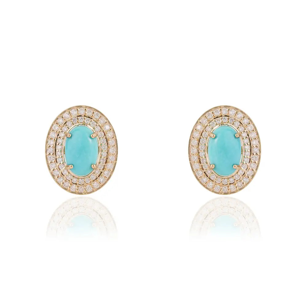9x6mm Oval Cut Turquoise & Diamond Handmade Double Halo Stud Earrings 14K Yellow Gold