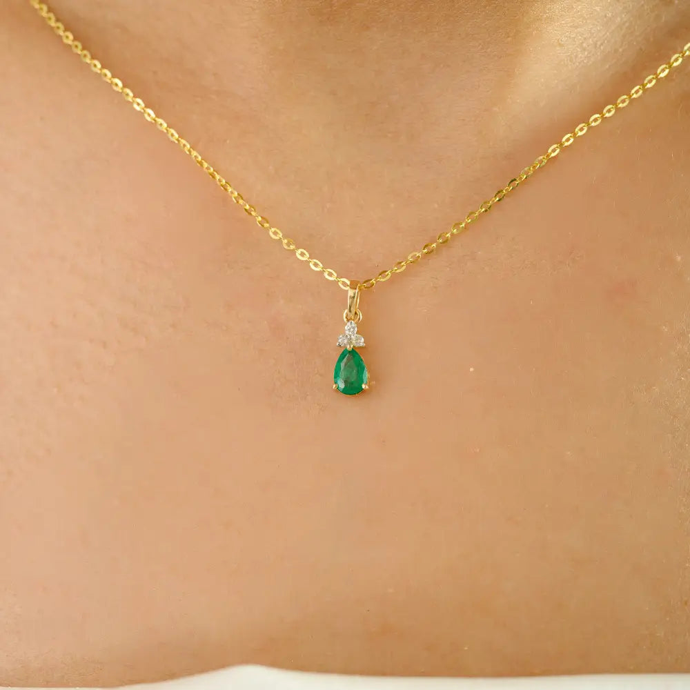 Elegant Minimal 18K Yellow Gold Emerald & Diamond Rings Earrings & Pendant 3 Pcs Jewelry Set