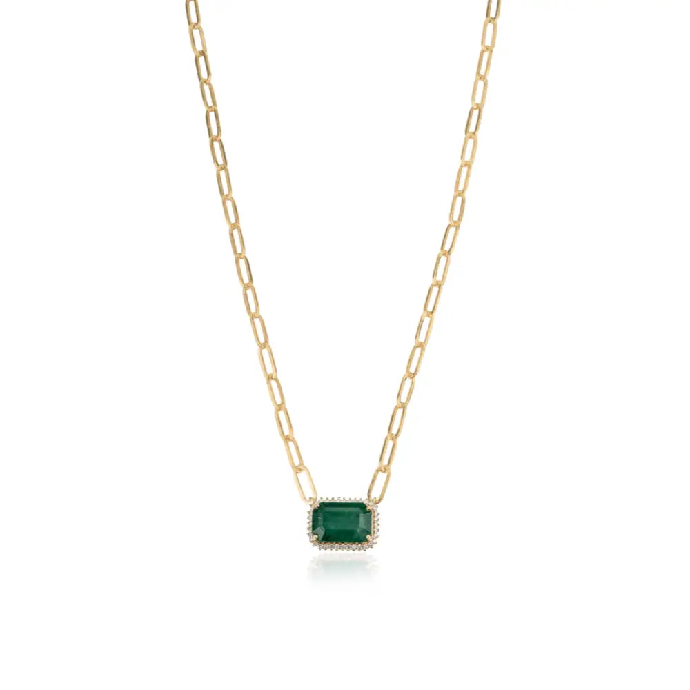14K Real Yellow Gold Emerald & Diamond Paperclip Chain Cluster Pendant Necklace For Women