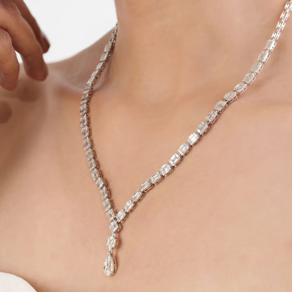 Luxury Design Bold Natural Diamond Bold Y Shape Drop Necklace Engagement Jewelry 14K Real White Gold
