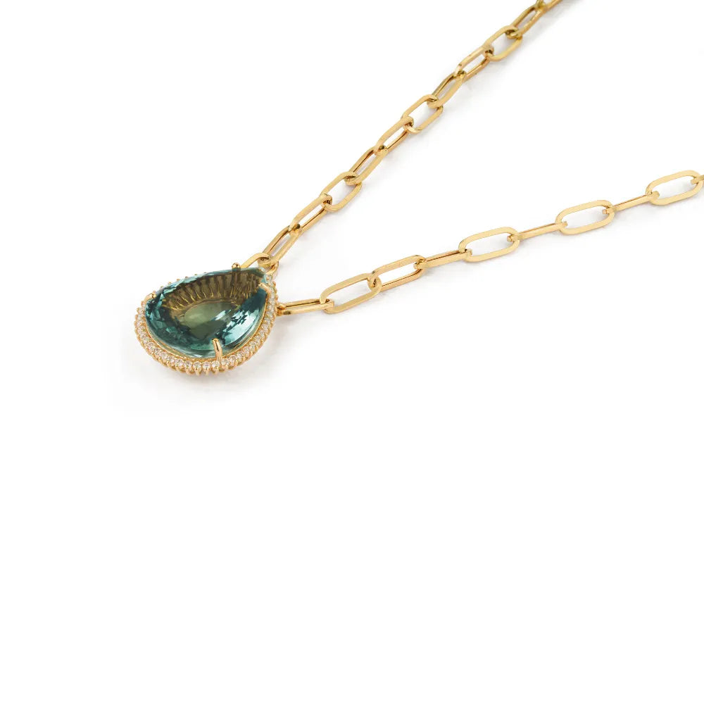 20x15mm Pear Cut Aquamarine & Diamond Paperclip Chain Cluster Pendant Necklace Bold Jewelry Supplier