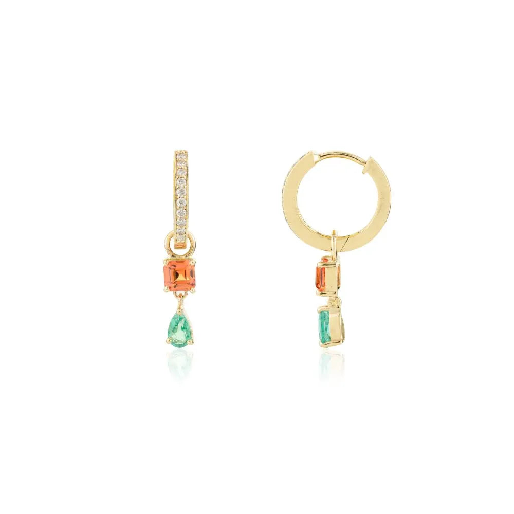 Orange Sapphire Emerald & Diamond Solid Yellow Gold Charm Hoop Earrings