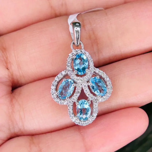 Elegant Jewelry Natural Oval Shape Blue Topaz & American Diamond Gemstone Statement Pendant