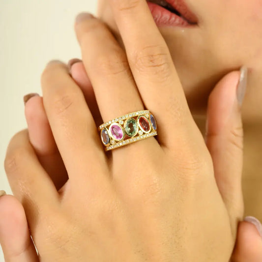 Oval Multi Sapphire & Round Diamond Double Band Ring Unisex Wedding Jewelry 14K Gold