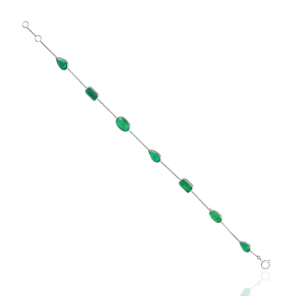 Mixed Shape Emerald Stone Solid K14 White Gold Station Bracelet Precious Jewelry Supplier