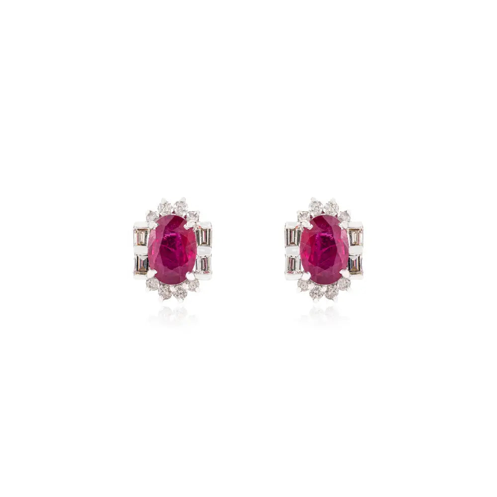 Inspired By Art Deco July Birthstone Ruby & Diamond 14K Real White Gold Halo Stud Earrings