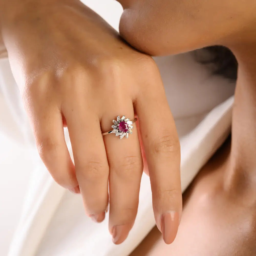 5x4 mm Oval Ruby & Diamond 14K Real White Gold Cluster Ring Handmade Jewelry Wholesale