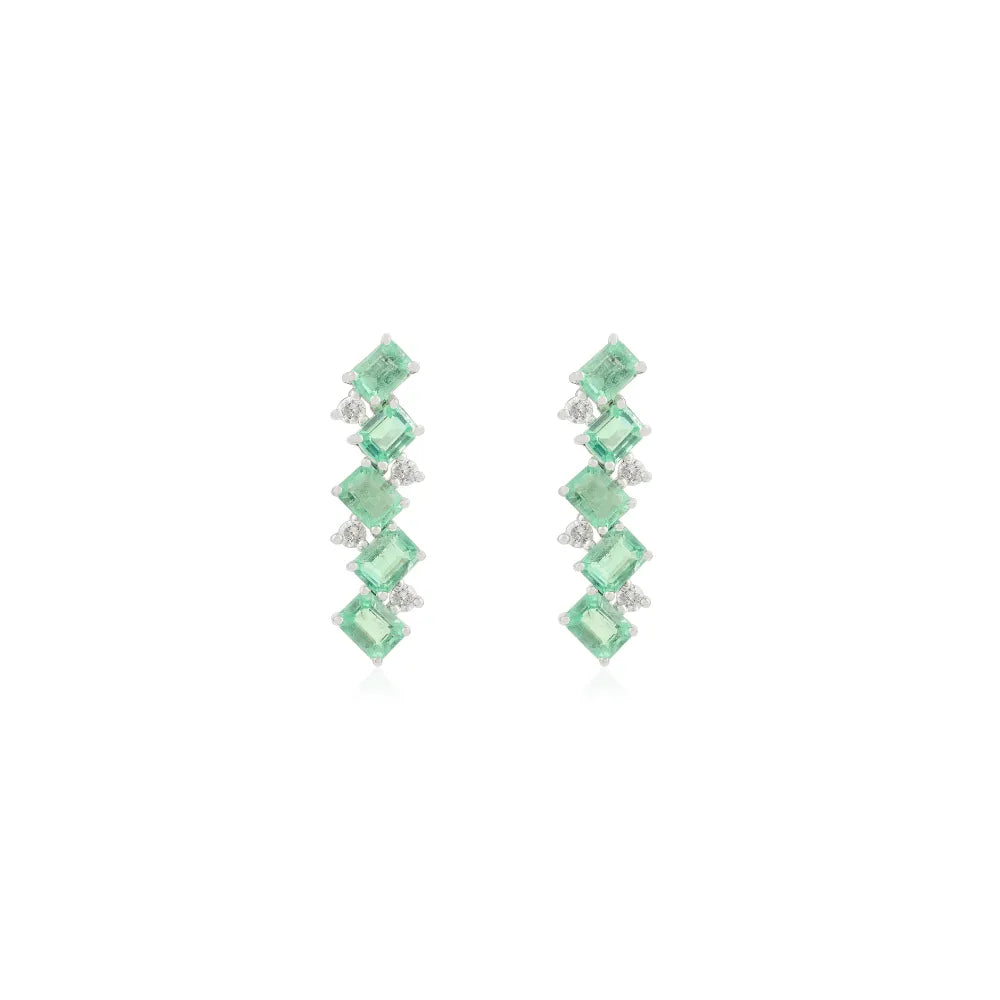 Octagon Emerald & Round Cut Diamond Zig Zag Earrings Solid 14K White Gold Women Jewelry