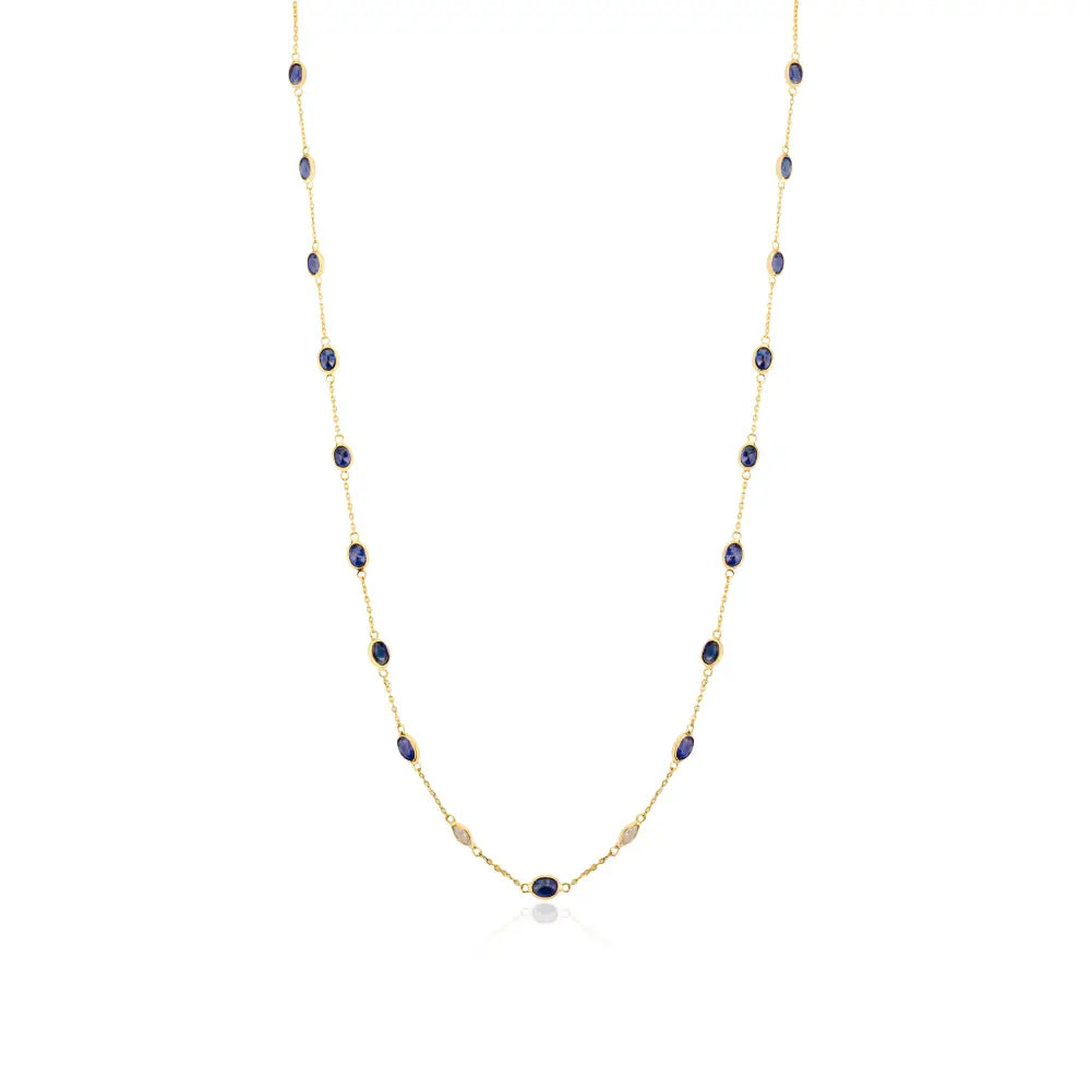 Simple Design Stackable Blue Sapphire & Diamond Station Necklace For Women 18K Gold