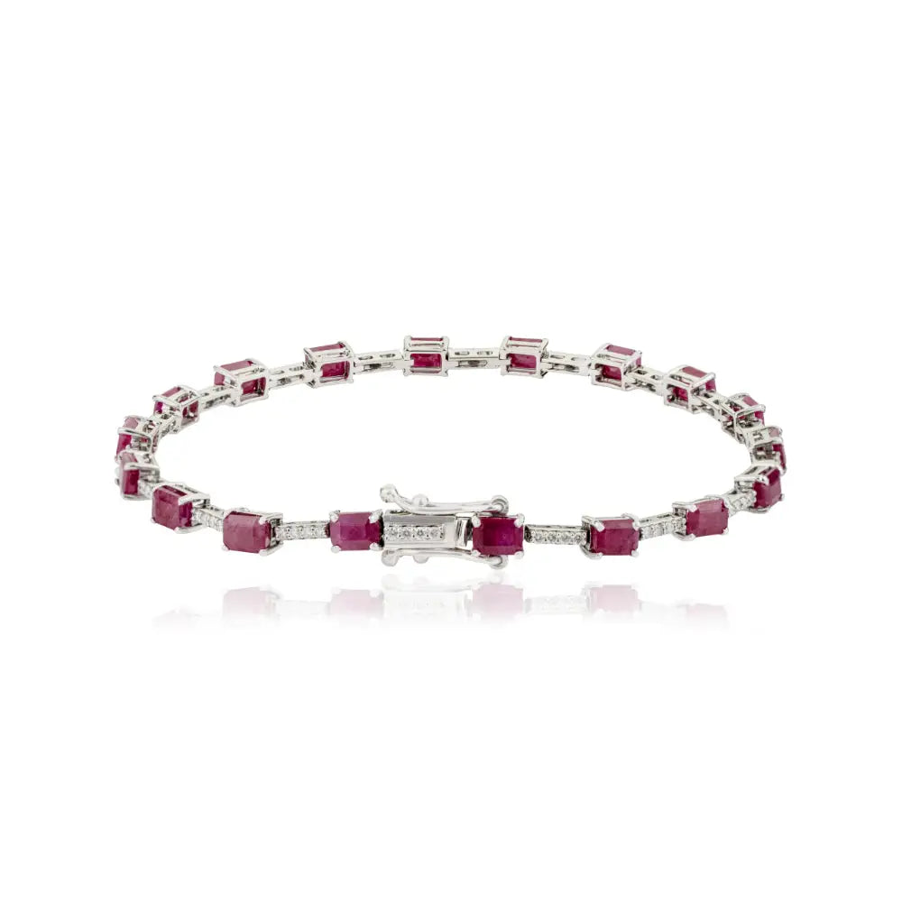 Simple Elegant Design 14K Real White Gold Ruby & Diamond Sleek Tennis Bracelet For Women