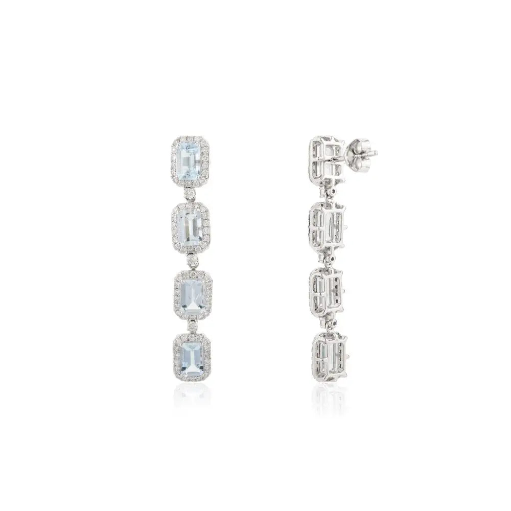 Wholesale Jewelry 18K White Gold Aquamarine & Diamond Halo Dangle Earrings